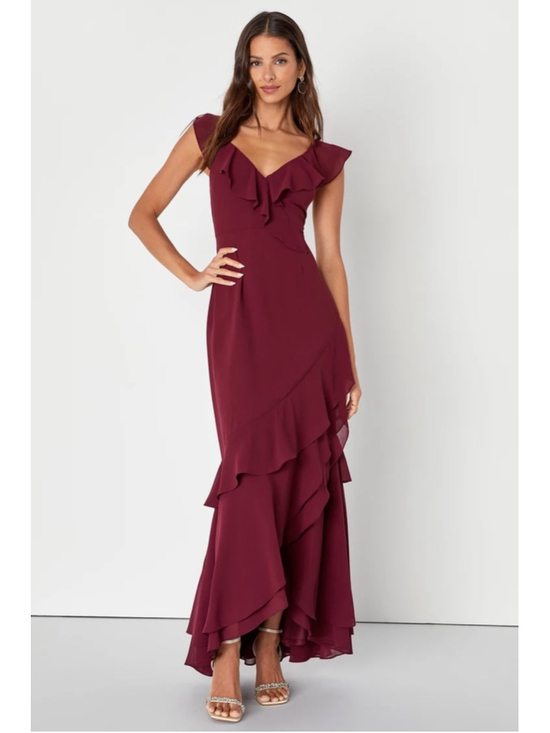 Lulus Dresses & Skirts - NWT Lulus Charming Event Burgundy Asymmetrical Ruffled Maxi Dress